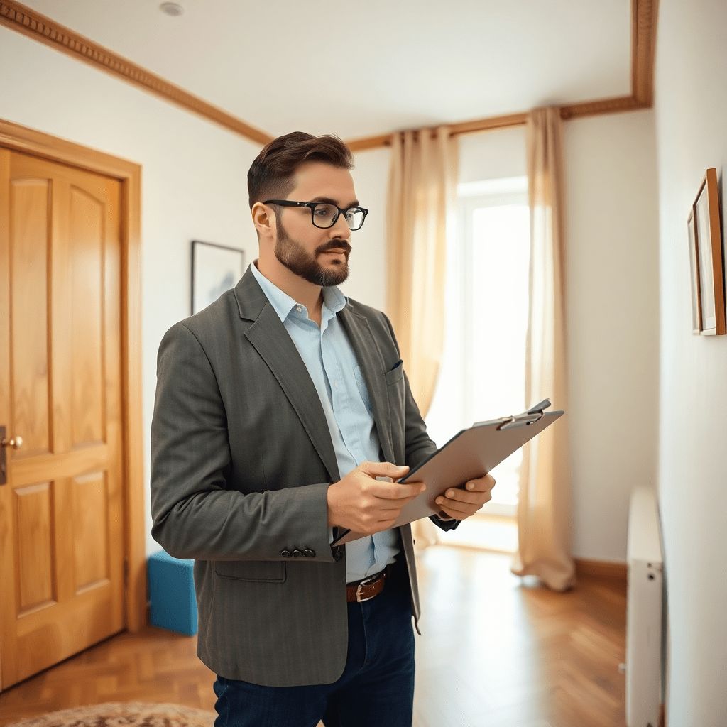Professional property inspector checking apartment condition, clipboard, Italian apartment interior inspection